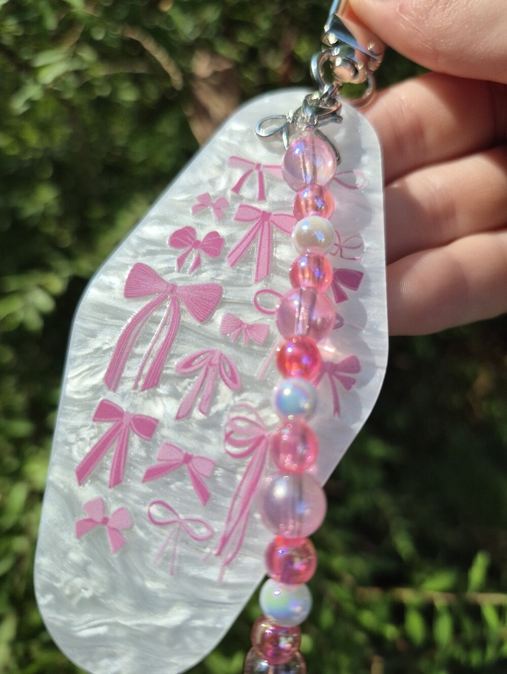 Handcrafted Pearlized Pink Bow Keychain w/ Beaded Charm